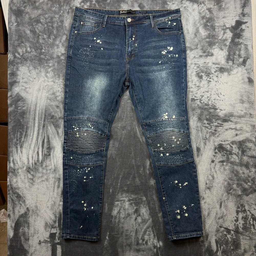 Switch Jeans Mens 40x32 Blue Excellent Biker Moto Paint Splatter Slim Taper